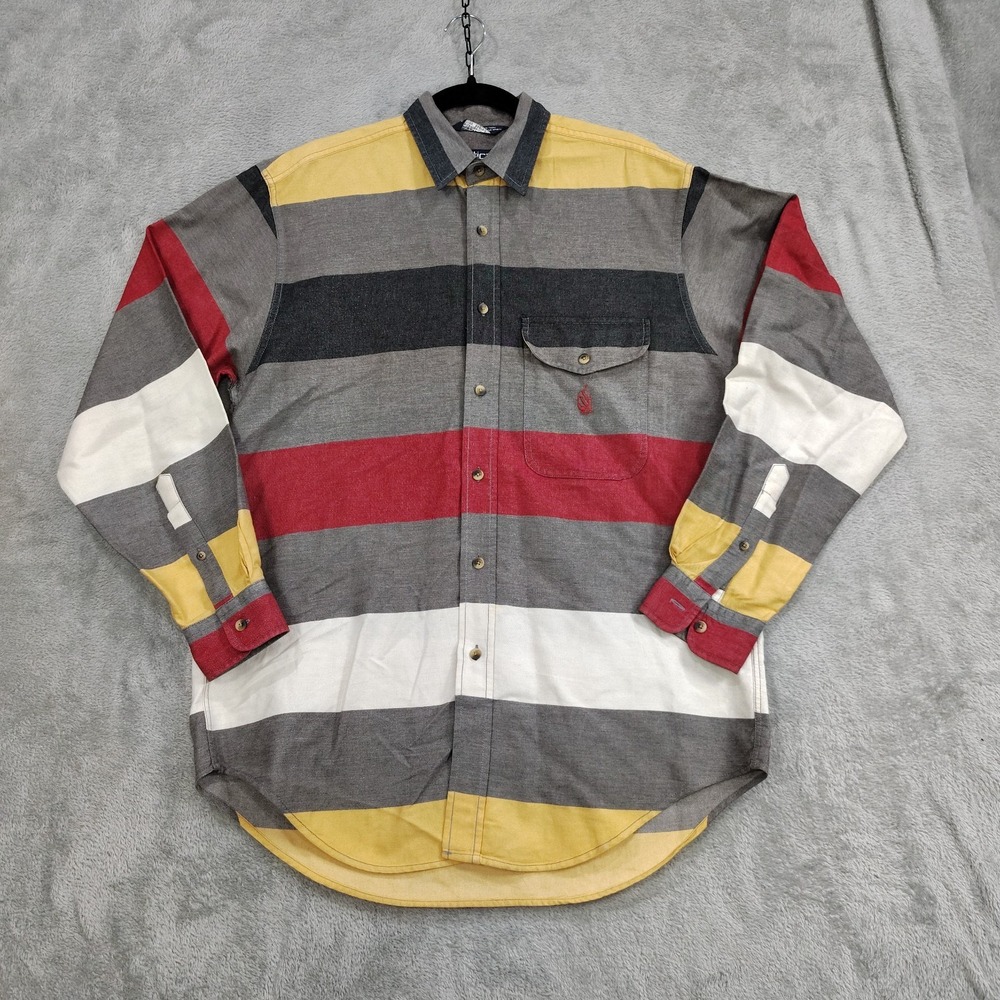 Vintage 90s Nautica Mens M Striped Color Block Button Down Shirt Made‎ In USA